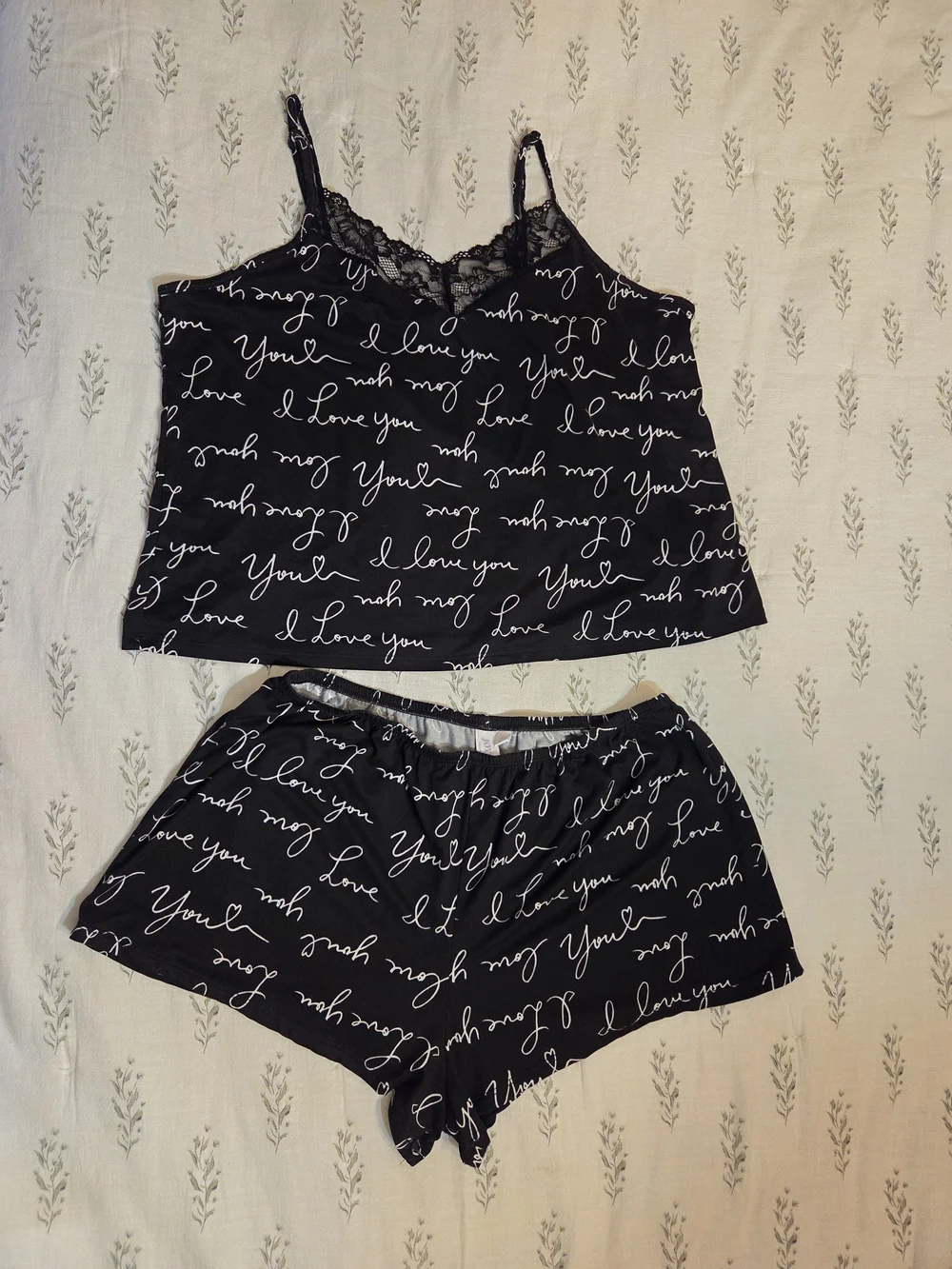 Lace-Trim Script Dreamy Soft Cami Shorts Set - Black